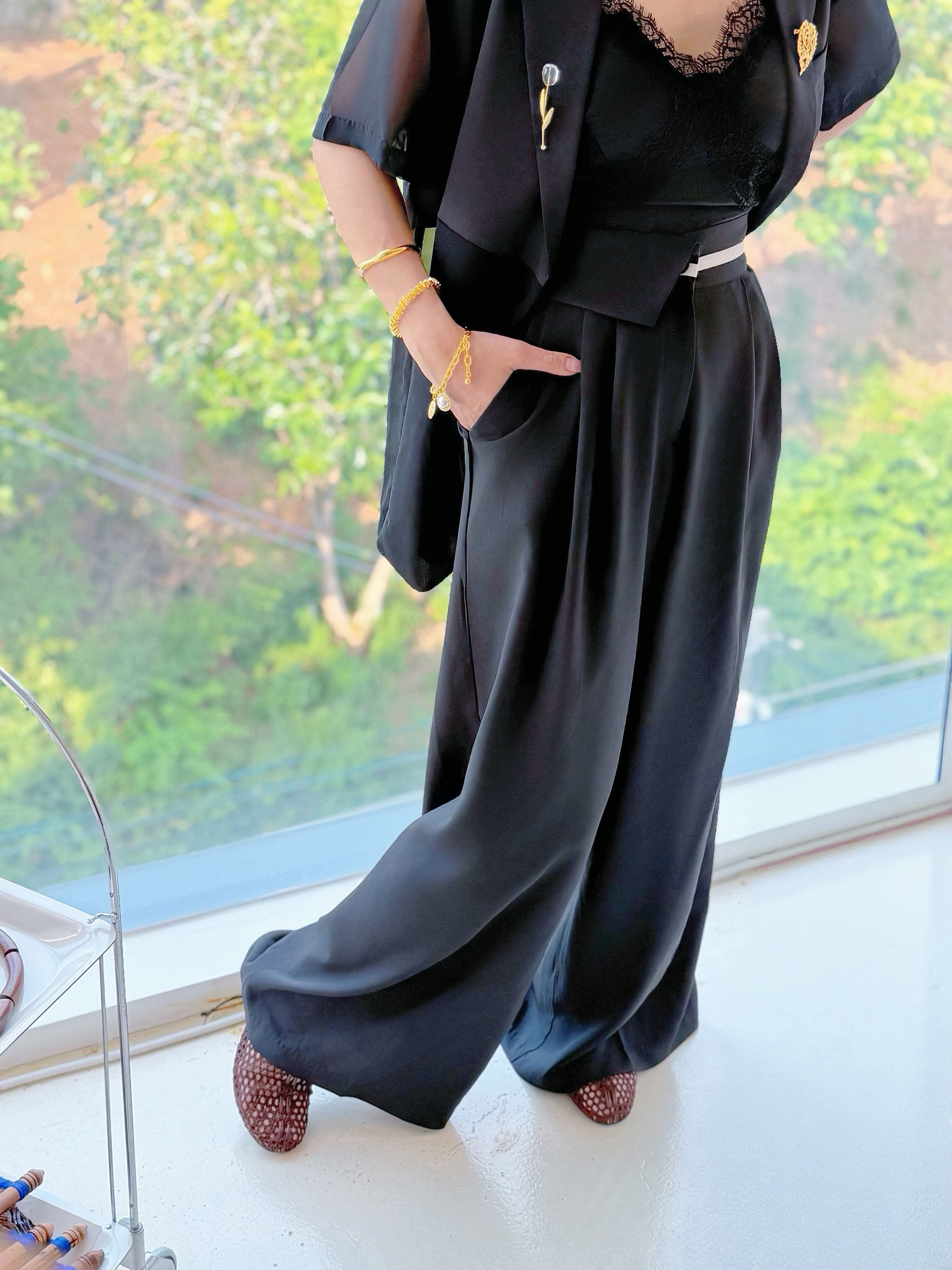 Half Collar Striped Waist Wide Leg Pants (2 Colours)