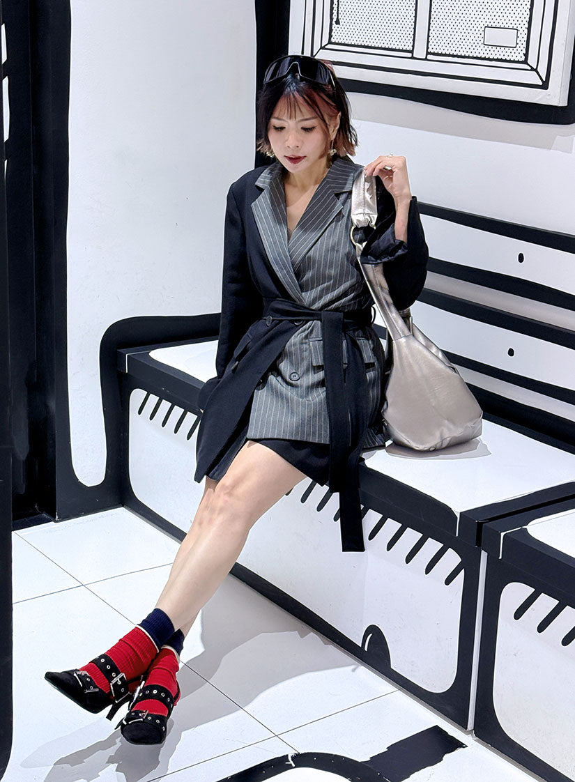 Asymmetrical Striped Panel Double Breasted Blazer