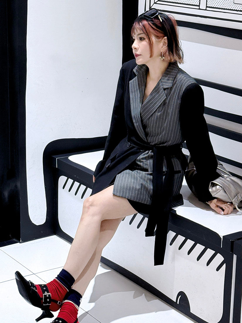 Asymmetrical Striped Panel Double Breasted Blazer