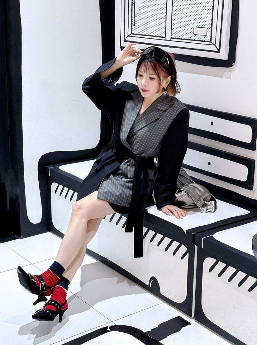 Asymmetrical Striped Panel Double Breasted Blazer