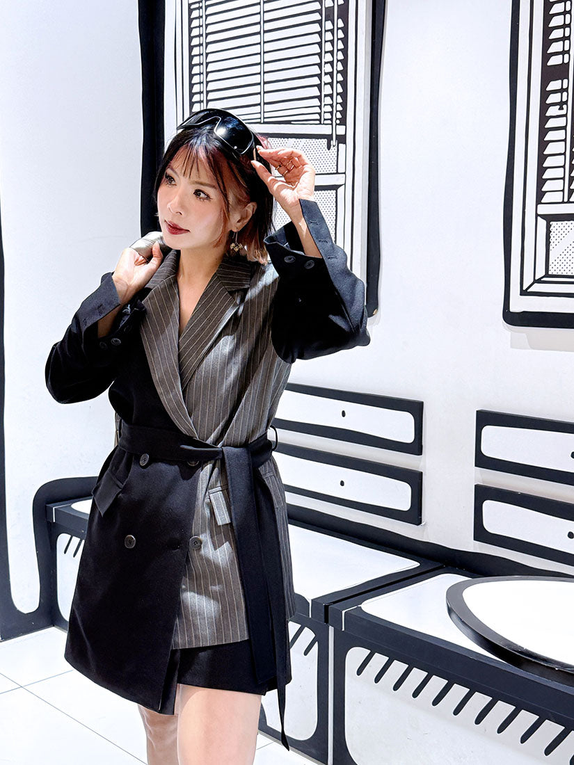 Asymmetrical Striped Panel Double Breasted Blazer