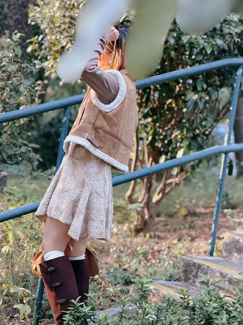 Leather Buckle Detailed Fleece Zip Up Vest Jacket (2 Colours)