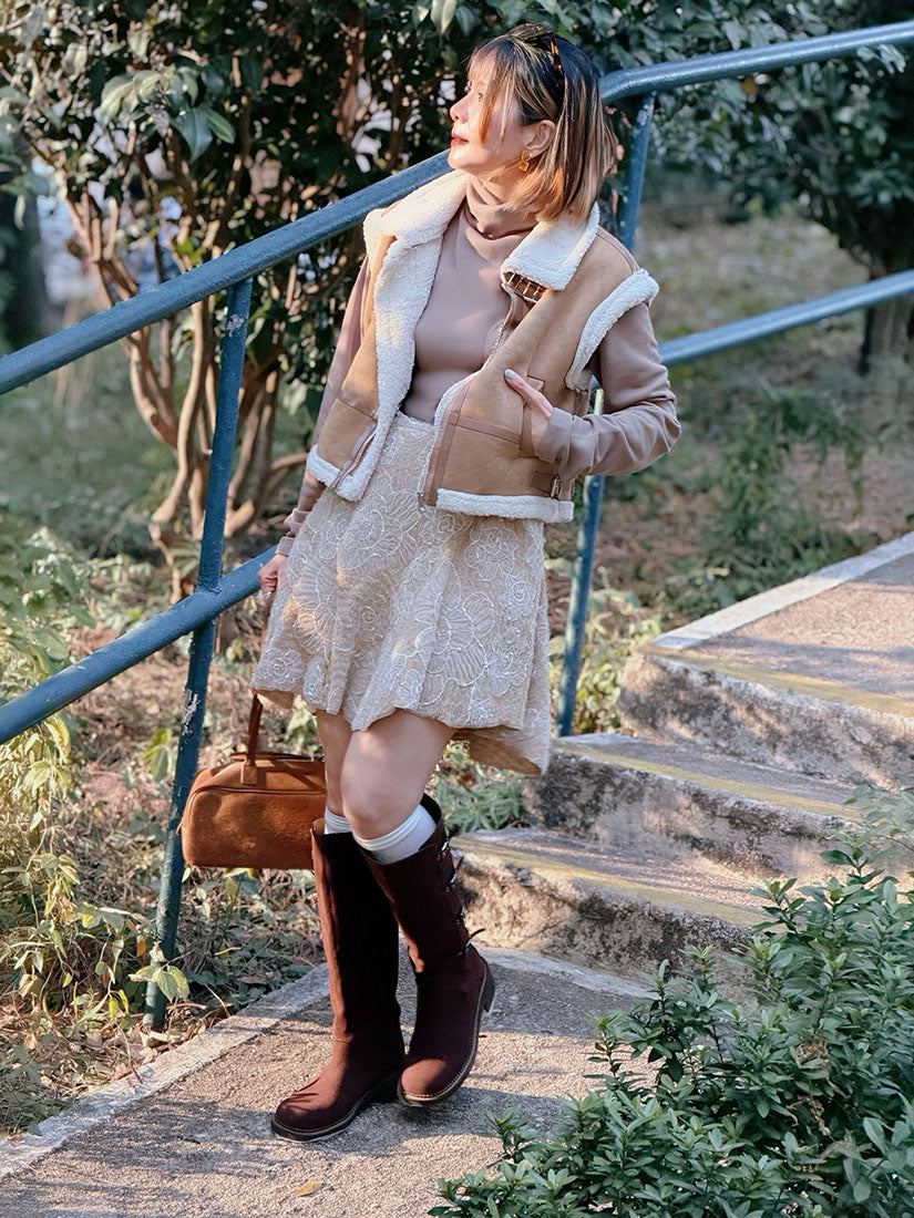 Leather Buckle Detailed Fleece Zip Up Vest Jacket (2 Colours)