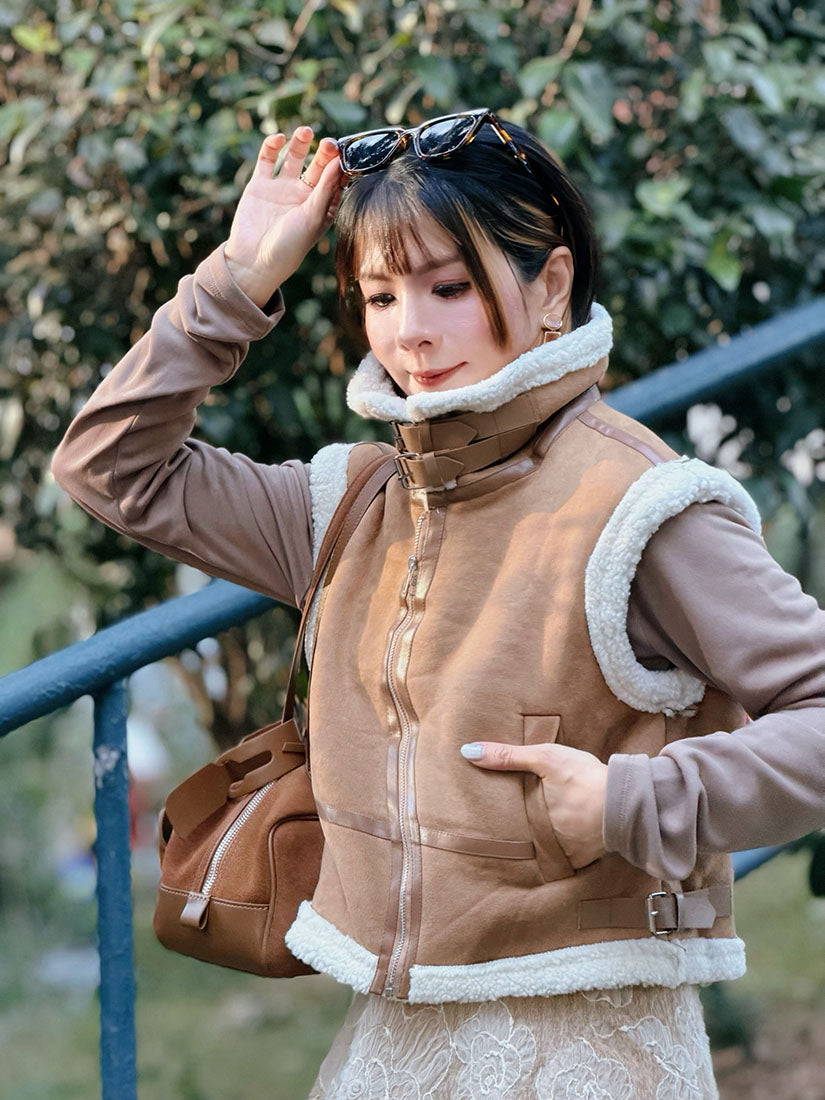 Leather Buckle Detailed Fleece Zip Up Vest Jacket (2 Colours)