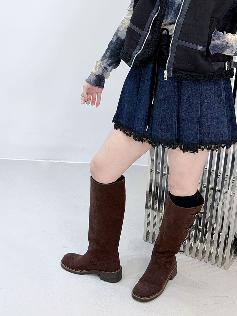 Suede Denim Pleated Skort (2 Colours)