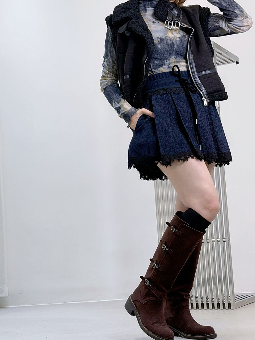 Suede Denim Pleated Skort (2 Colours)