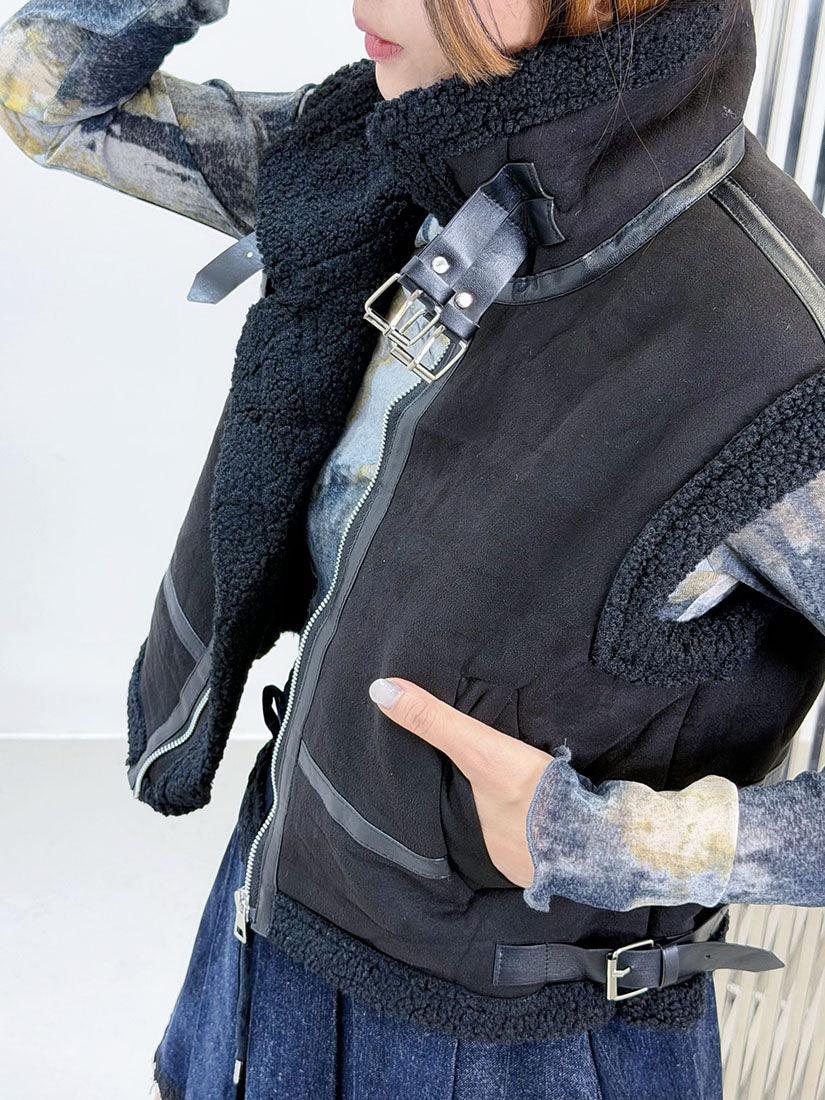 Leather Buckle Detailed Fleece Zip Up Vest Jacket (2 Colours)