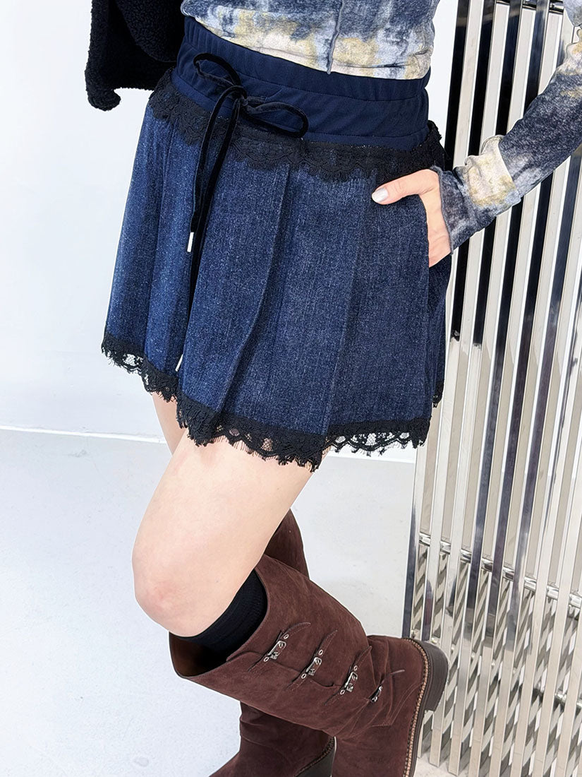 Suede Denim Pleated Skort (2 Colours)