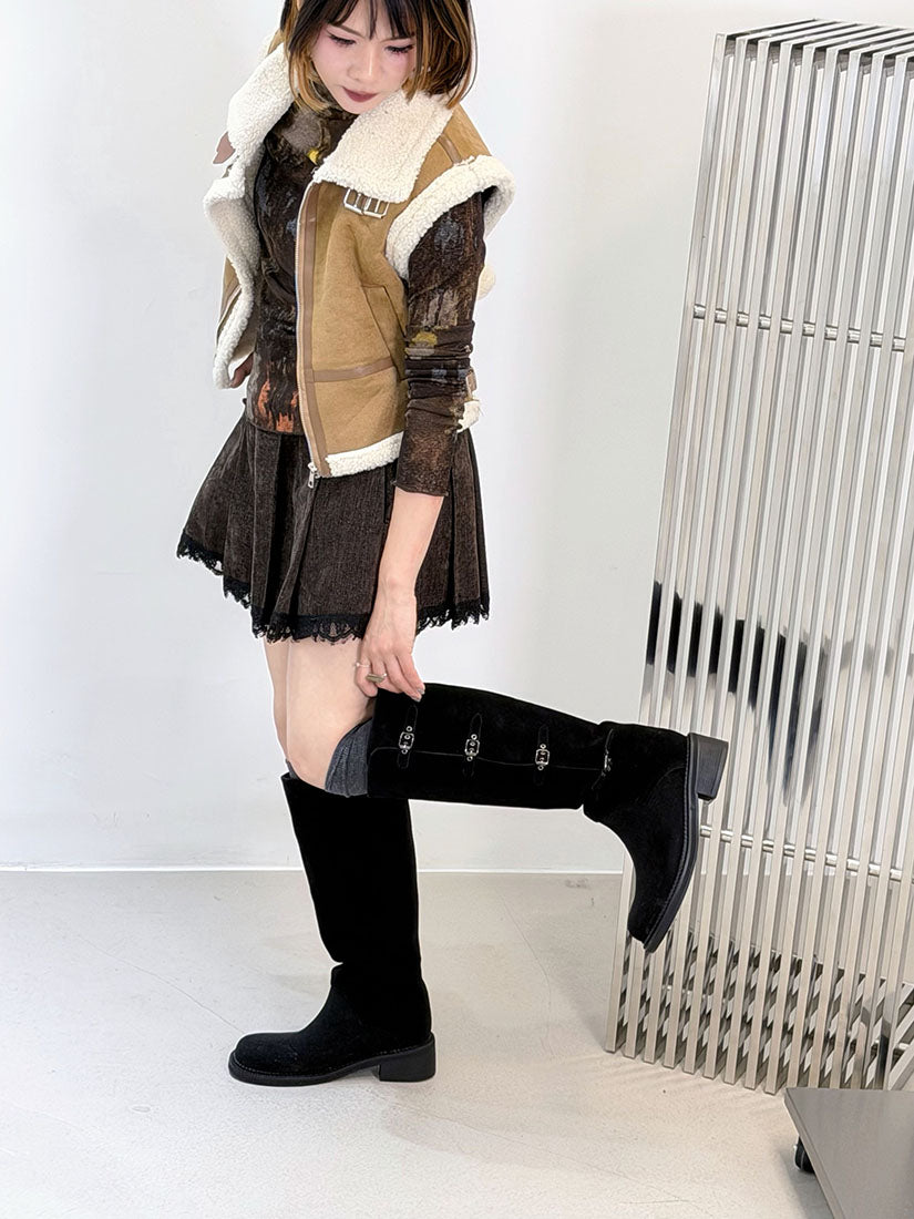 Leather Buckle Detailed Fleece Zip Up Vest Jacket (2 Colours)