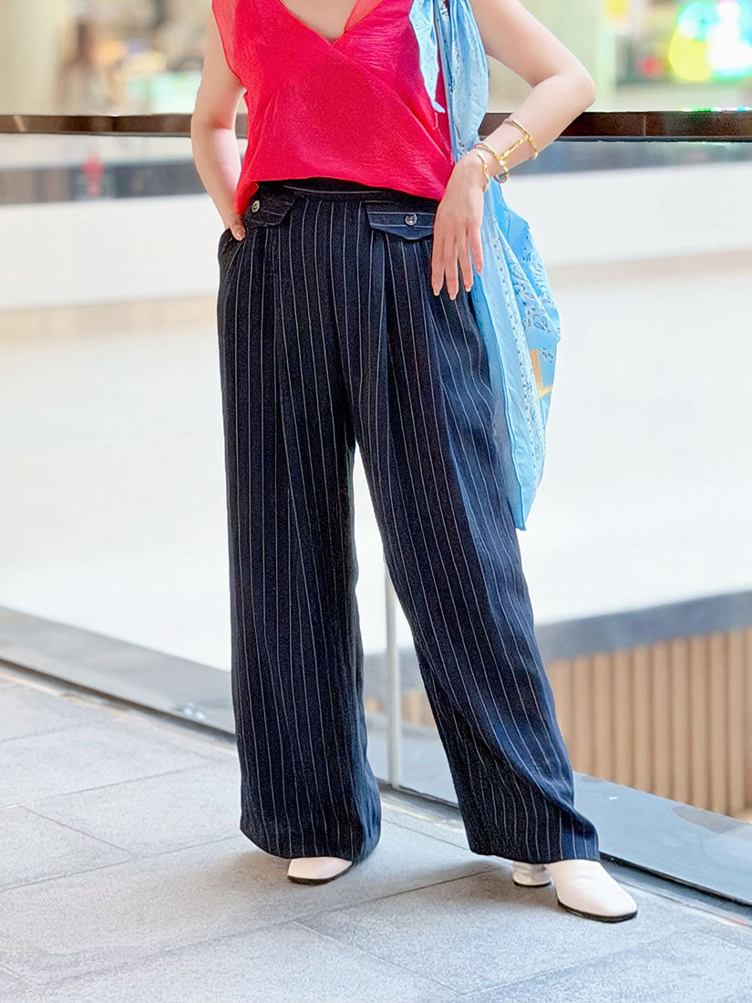 Flap Detailed Pin-Striped Wide Leg Pants (2 Colours)