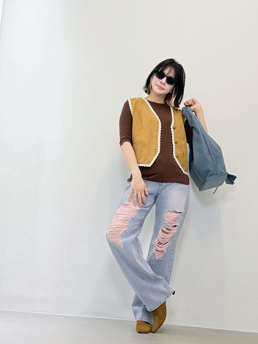 Distressed Pink Fringed Rips Jeans