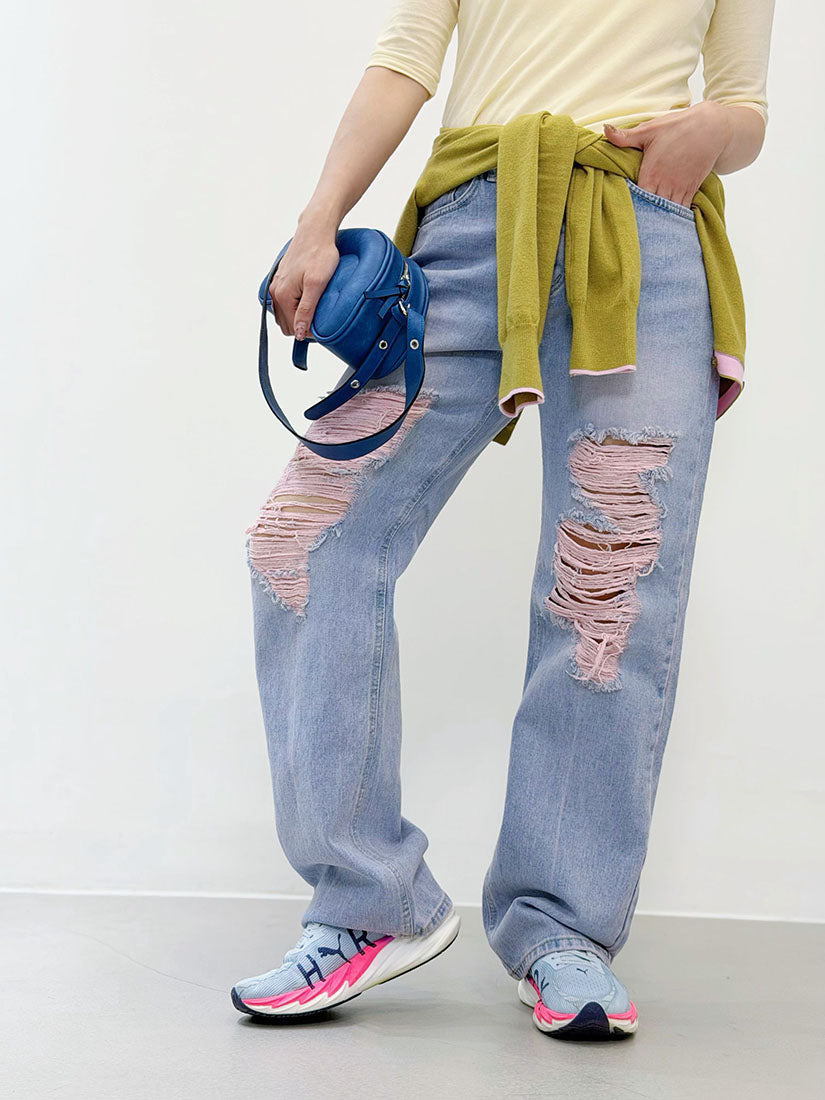 Distressed Pink Fringed Rips Jeans
