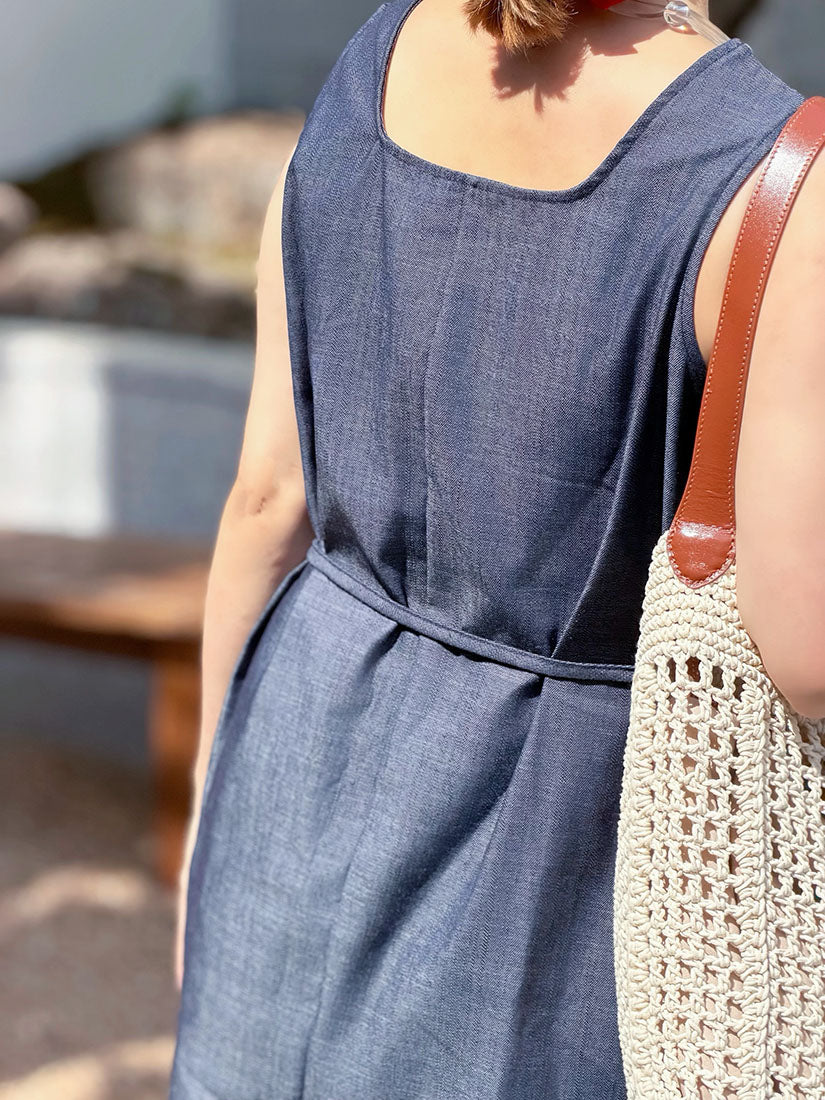 Square Neck Vest And Wide Lag Pants With Waist Bag Denim Set