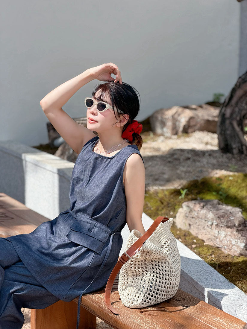 Square Neck Vest And Wide Lag Pants With Waist Bag Denim Set