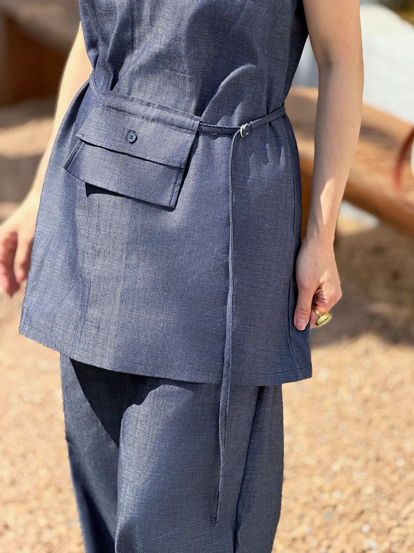 Square Neck Vest And Wide Lag Pants With Waist Bag Denim Set