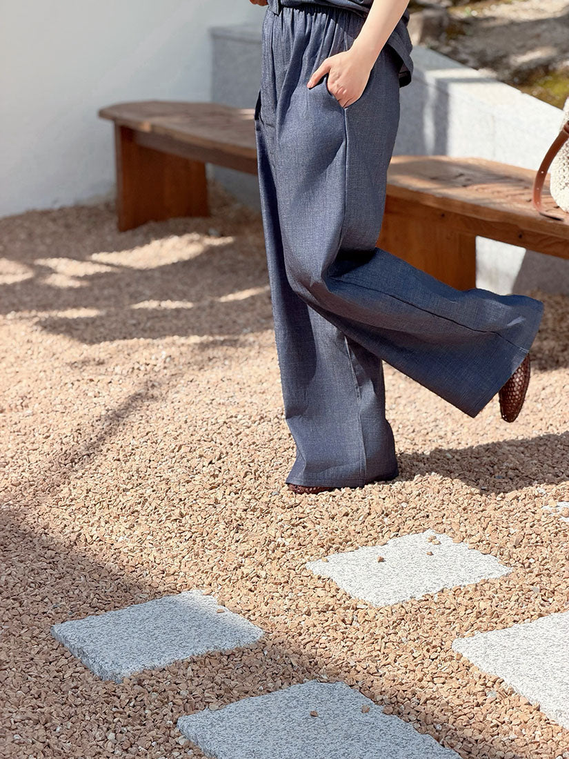 Square Neck Vest And Wide Lag Pants With Waist Bag Denim Set