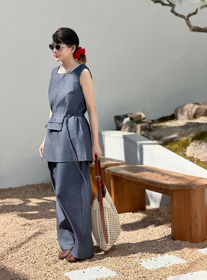 Square Neck Vest And Wide Lag Pants With Waist Bag Denim Set