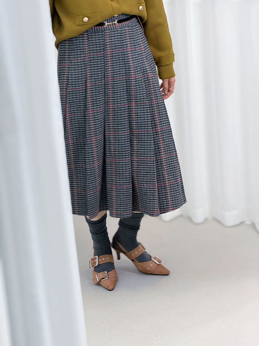Horsebit Detailed Glen Check Pleated Skirt (2 Colours)
