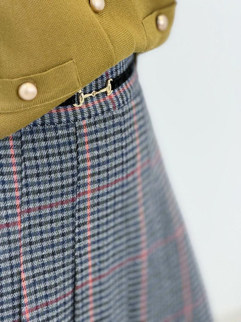 Horsebit Detailed Glen Check Pleated Skirt (2 Colours)