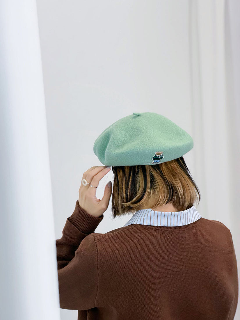 Bear Embroidered Woollen Beret (10 Colours)