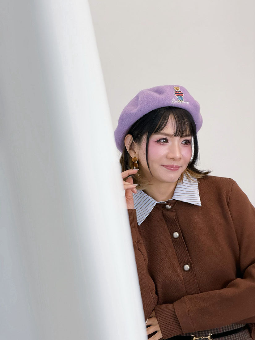 Bear Embroidered Woollen Beret (10 Colours)