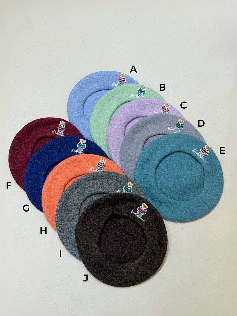 Bear Embroidered Woollen Beret (10 Colours)