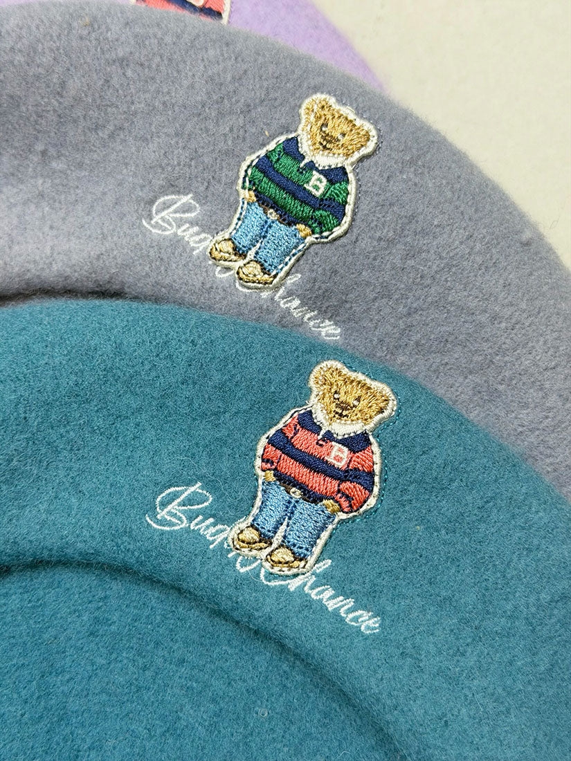 Bear Embroidered Woollen Beret (10 Colours)