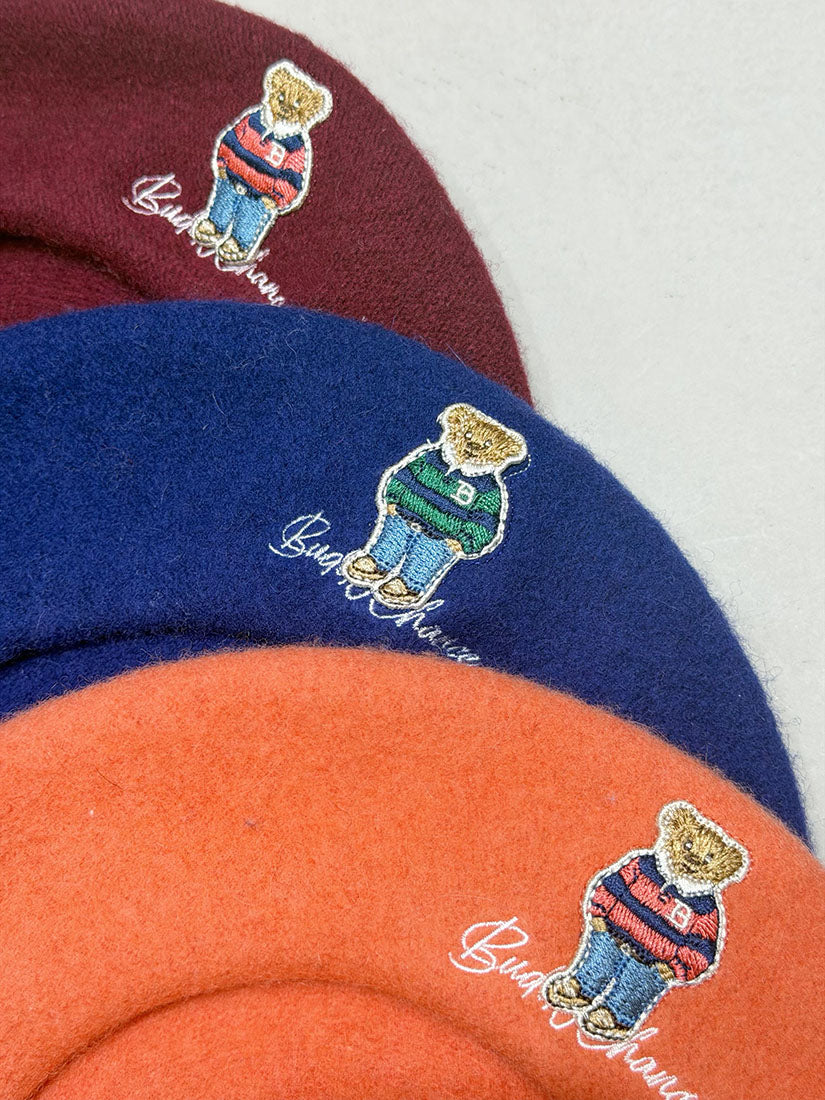Bear Embroidered Woollen Beret (10 Colours)