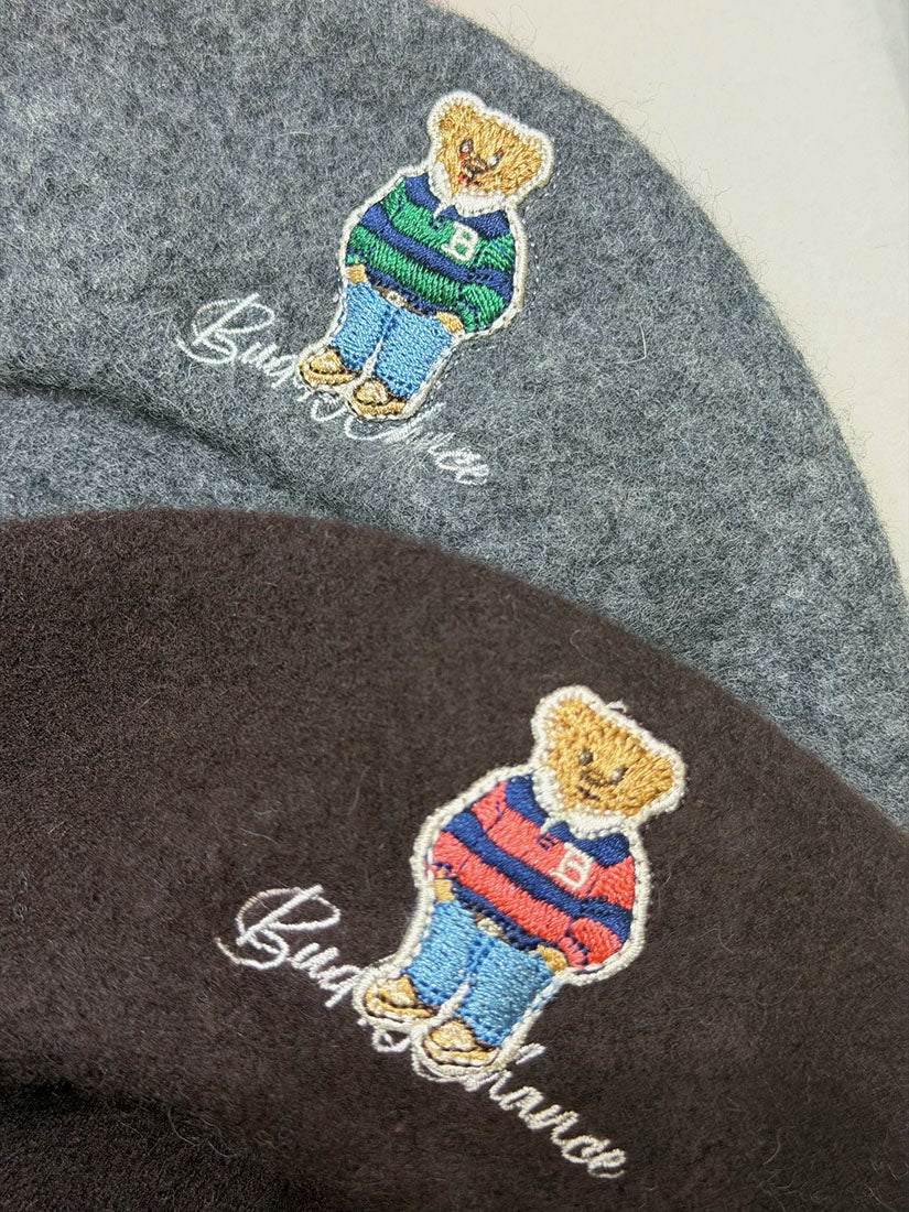 Bear Embroidered Woollen Beret (10 Colours)