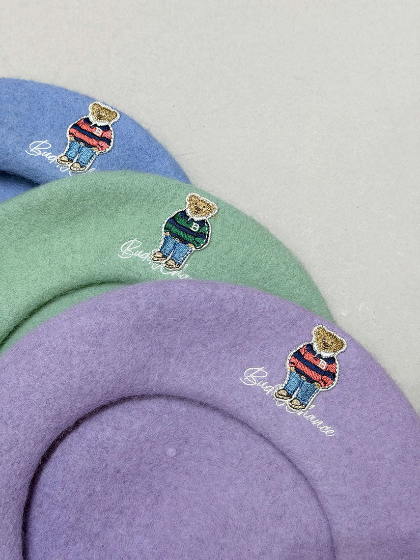 Bear Embroidered Woollen Beret (10 Colours)