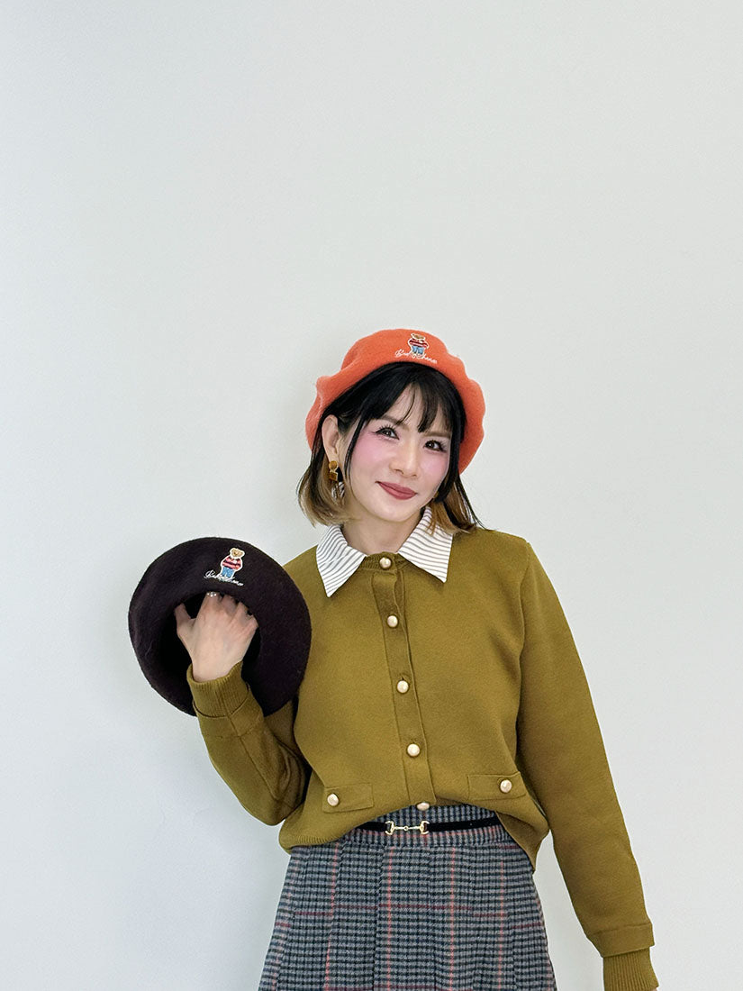 Bear Embroidered Woollen Beret (10 Colours)