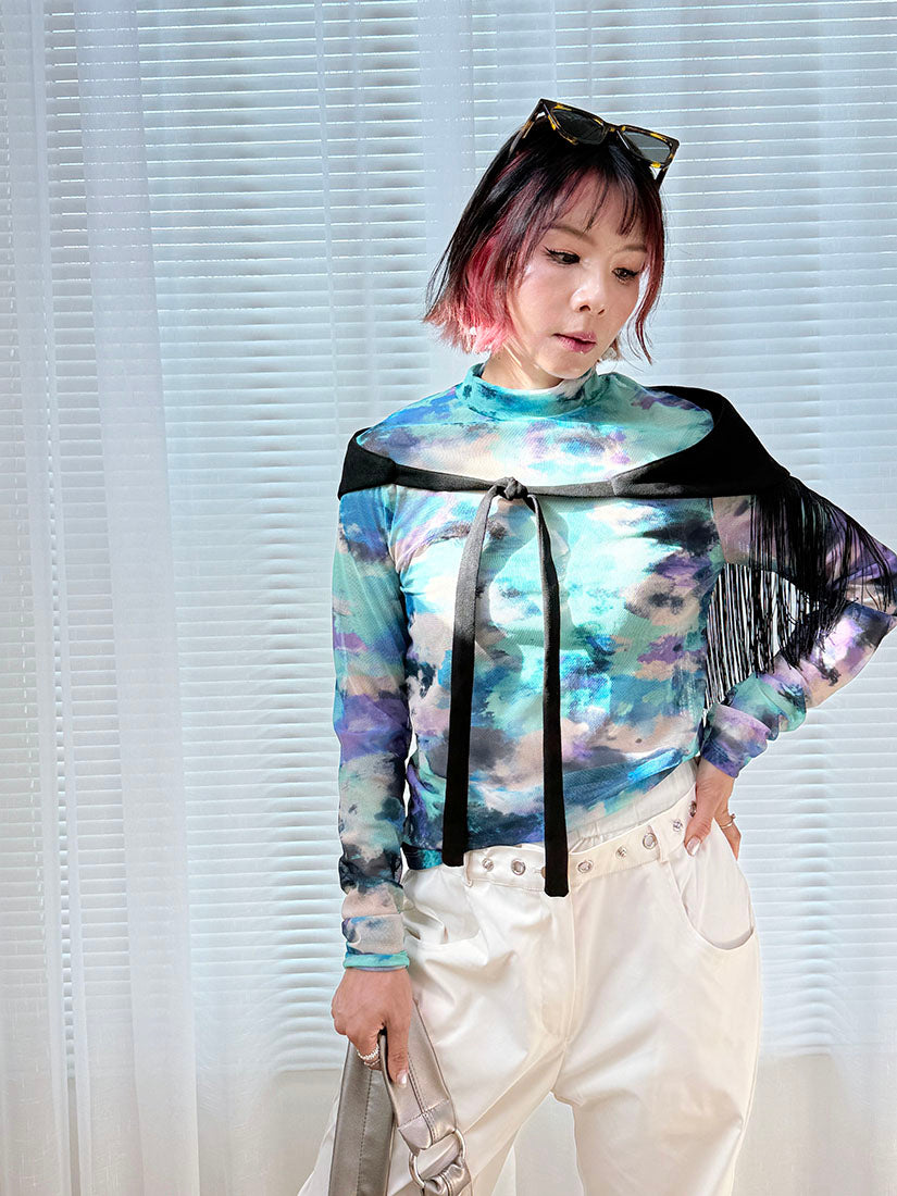 Tie Dye Printed Mock Neck Mesh Top (3 Colours)