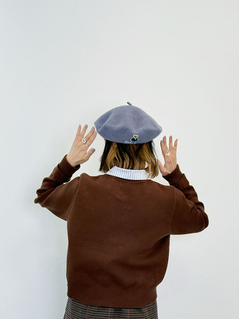 Bear Embroidered Woollen Beret (10 Colours)