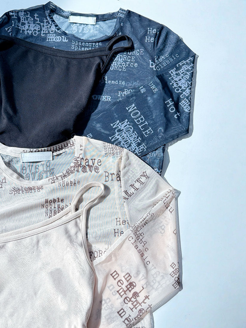Typewriter Words Printed Mesh Top With One Shoulder Tank Top Set (2 Colours)