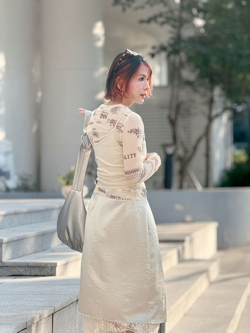 Typewriter Words Printed Mesh Top With One Shoulder Tank Top Set (2 Colours)
