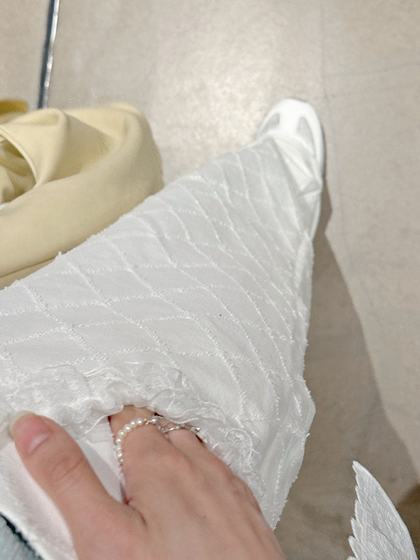 White Lace Trim Tuck Check Denim Pants