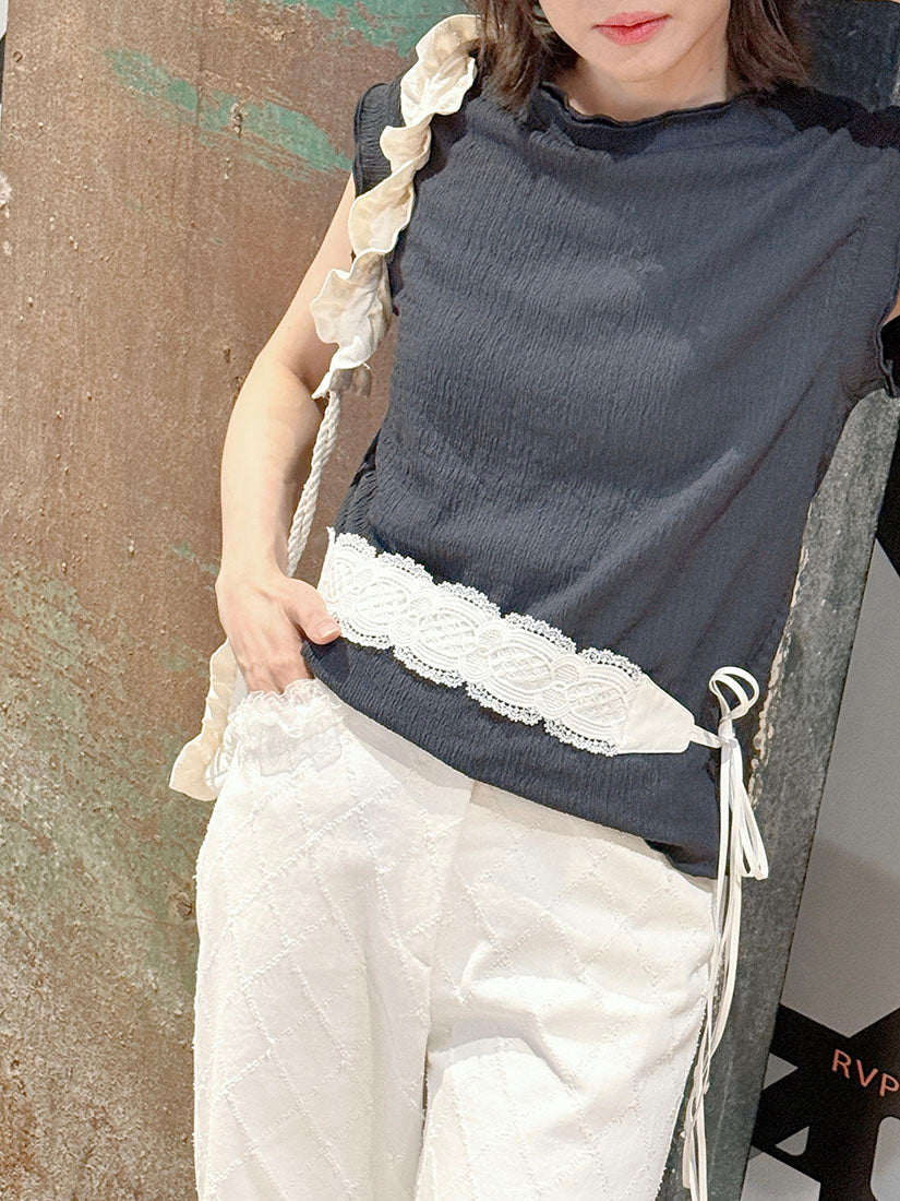White Lace Trim Tuck Check Denim Pants