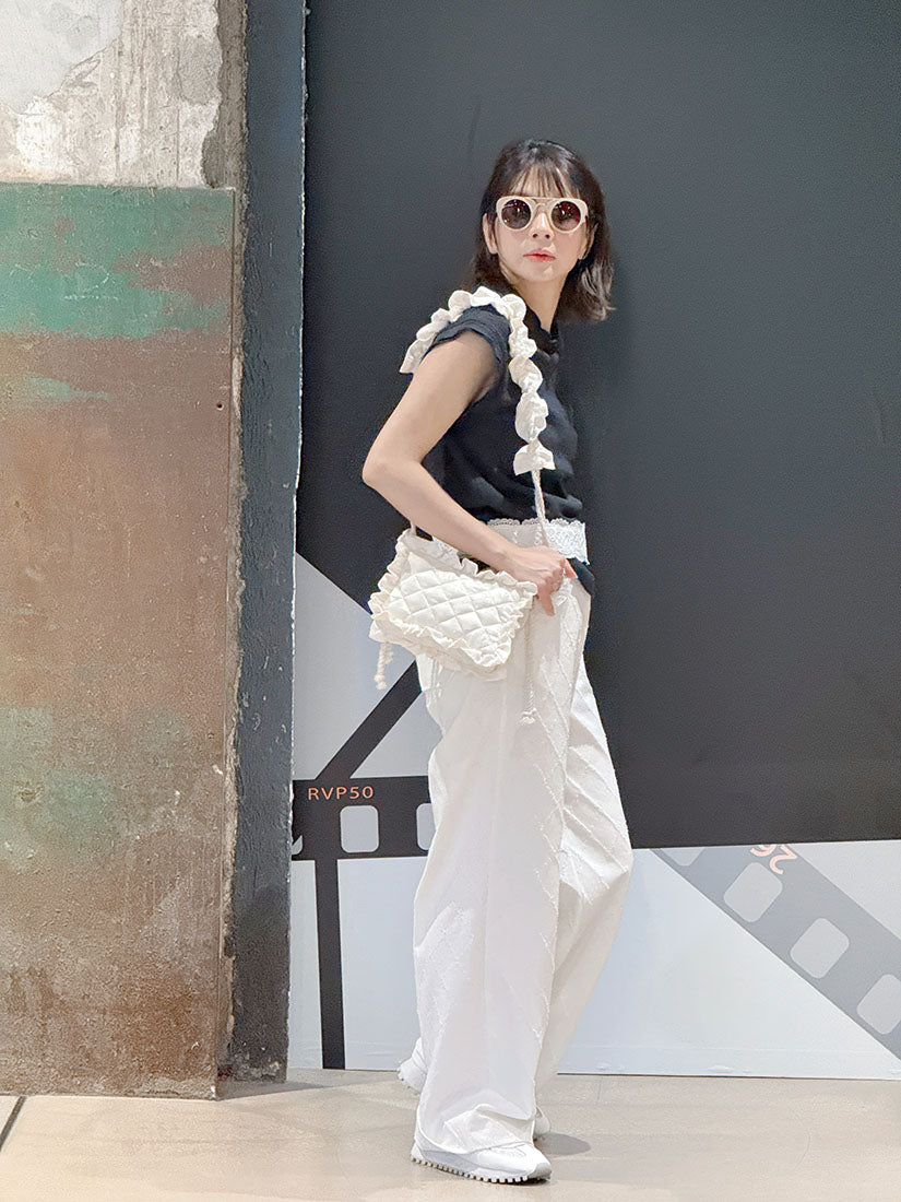 White Lace Trim Tuck Check Denim Pants