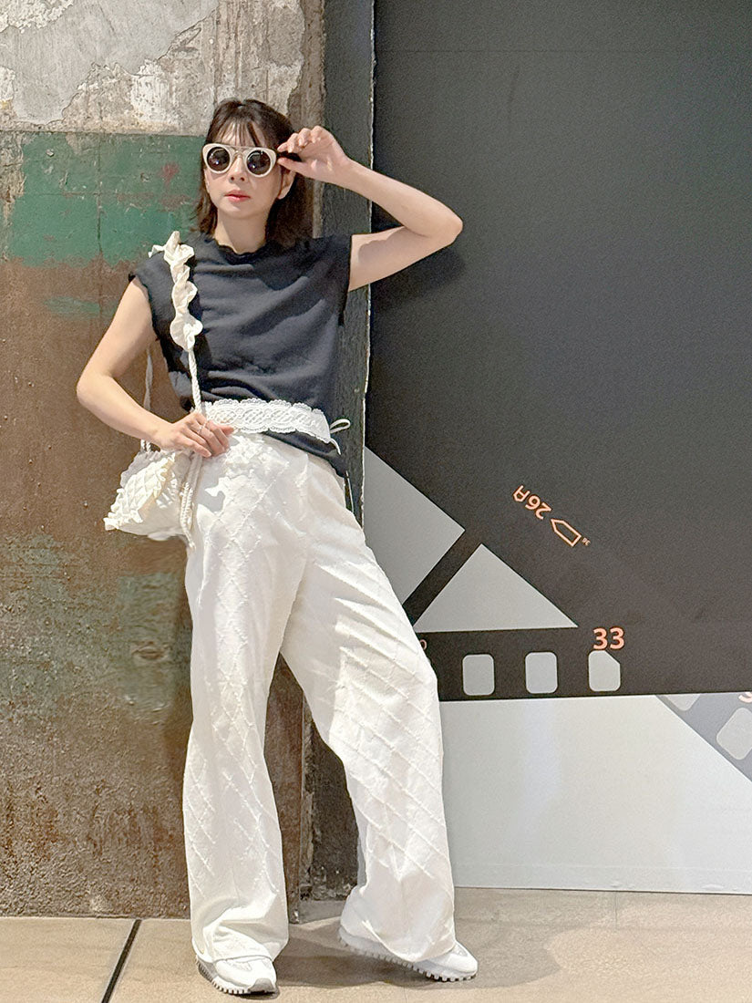 White Lace Trim Tuck Check Denim Pants