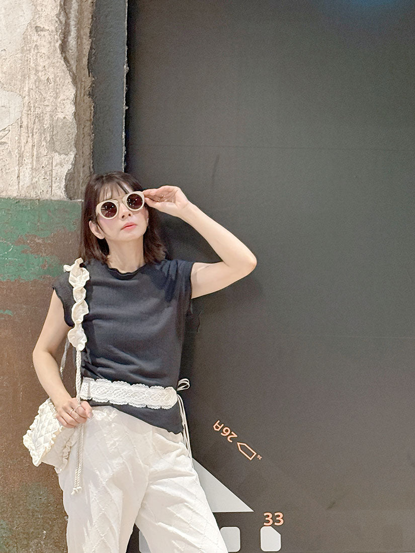 White Lace Trim Tuck Check Denim Pants