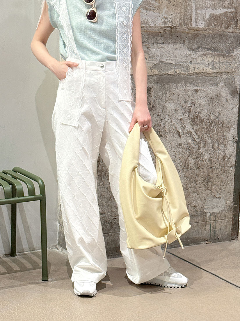 White Lace Trim Tuck Check Denim Pants