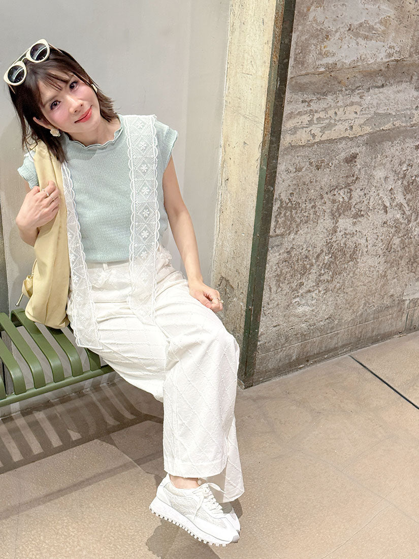 White Lace Trim Tuck Check Denim Pants