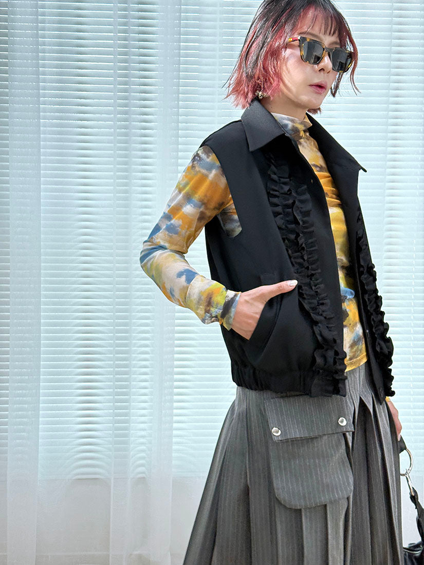 Ruffle Detail Stretchy Waist Vest Jacket (2 Colours)