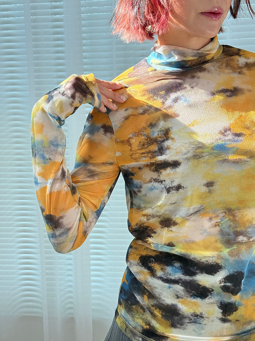 Tie Dye Printed Mock Neck Mesh Top (3 Colours)