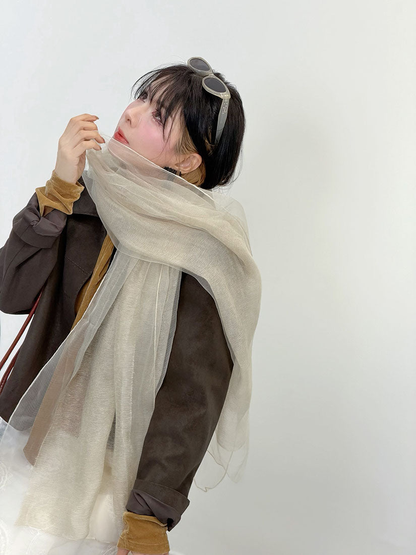 Wool Yarn Trim Sheer Gauze Scarf (3 Colours)