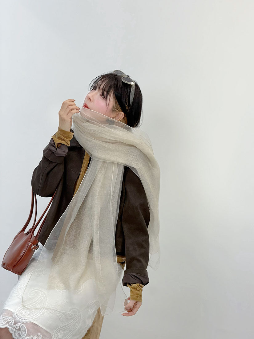Wool Yarn Trim Sheer Gauze Scarf (3 Colours)