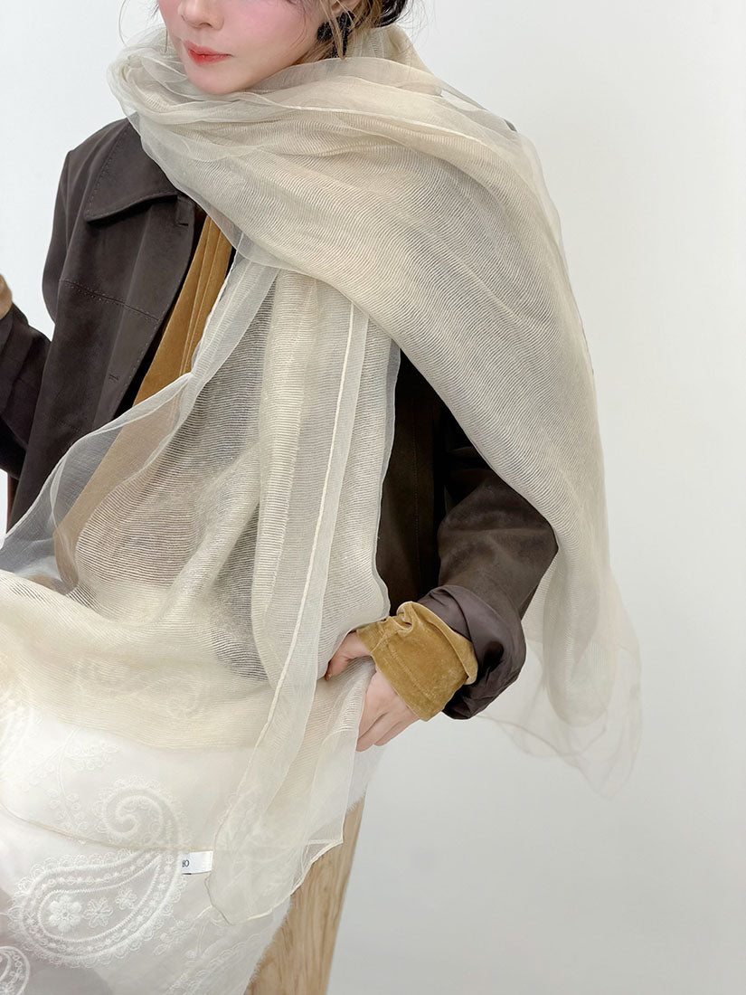 Wool Yarn Trim Sheer Gauze Scarf (3 Colours)