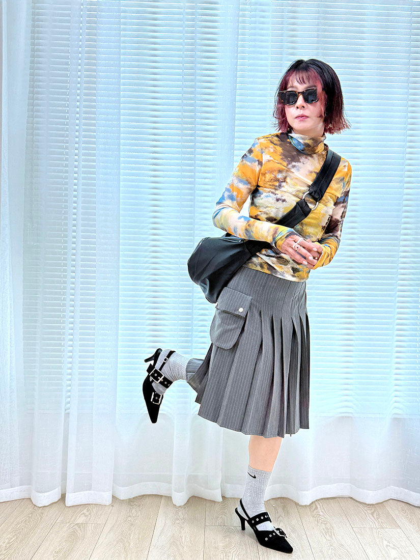 Detachable Pocket Pleated Stripe Skirt (2 Colours)