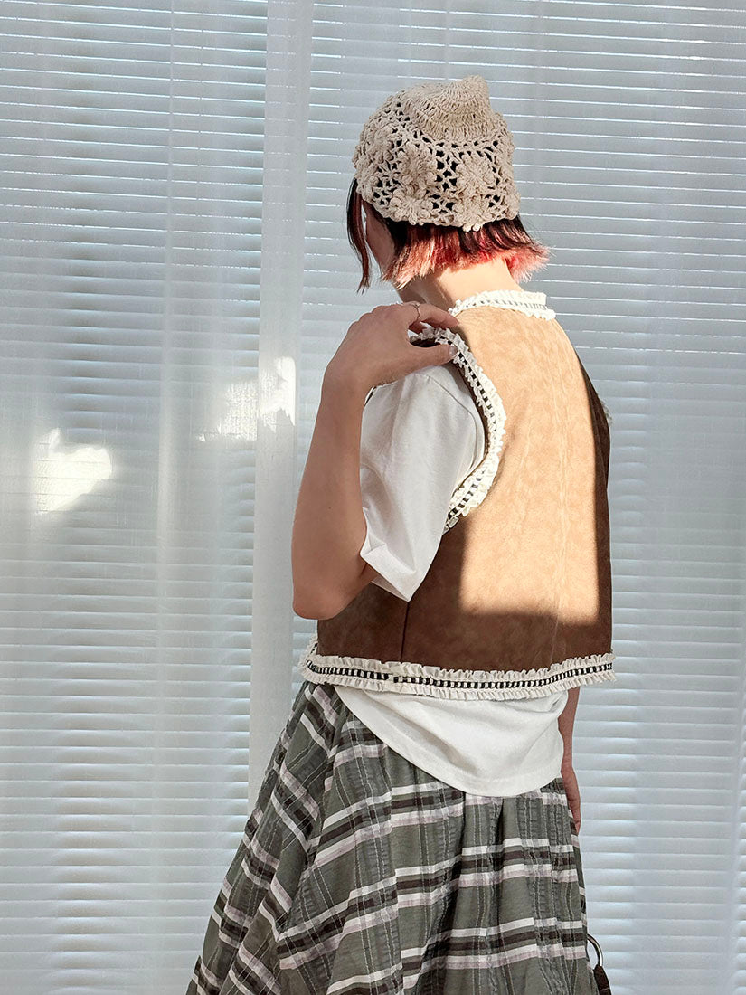 Lace Pocket Patched Suede Vest