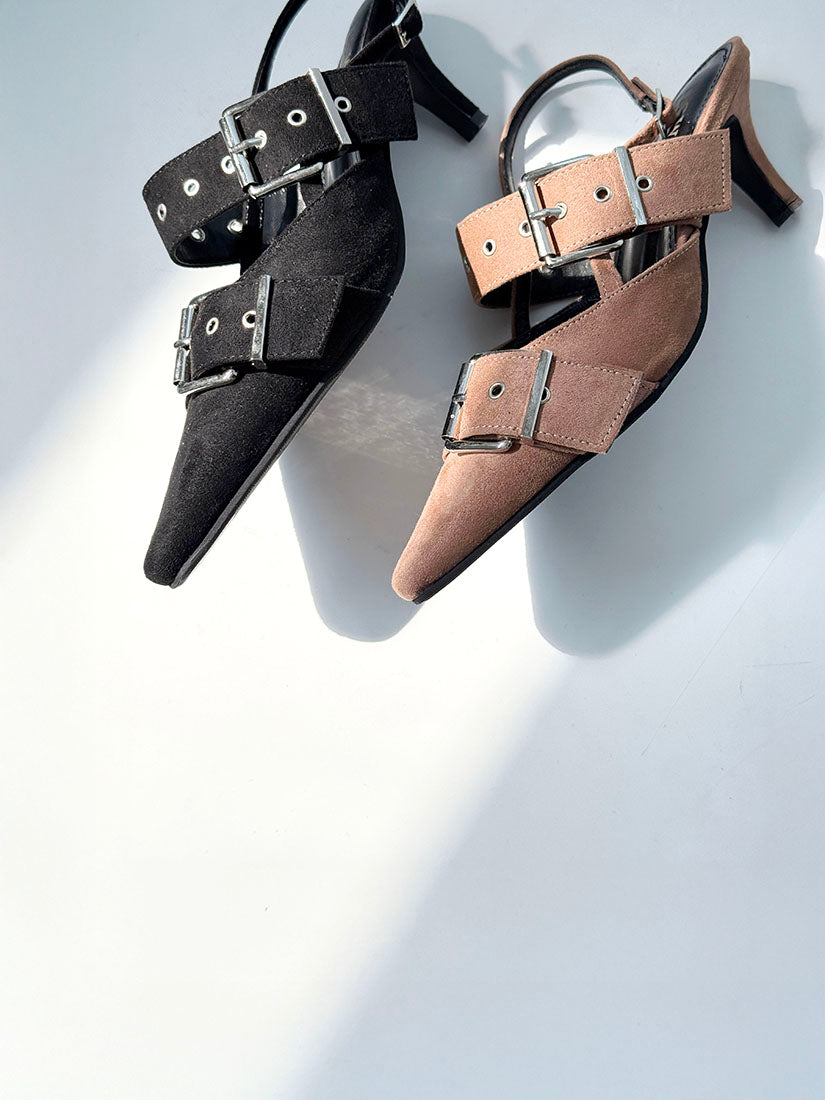 Buckle Suede Point Toe Mules (2 Colours)